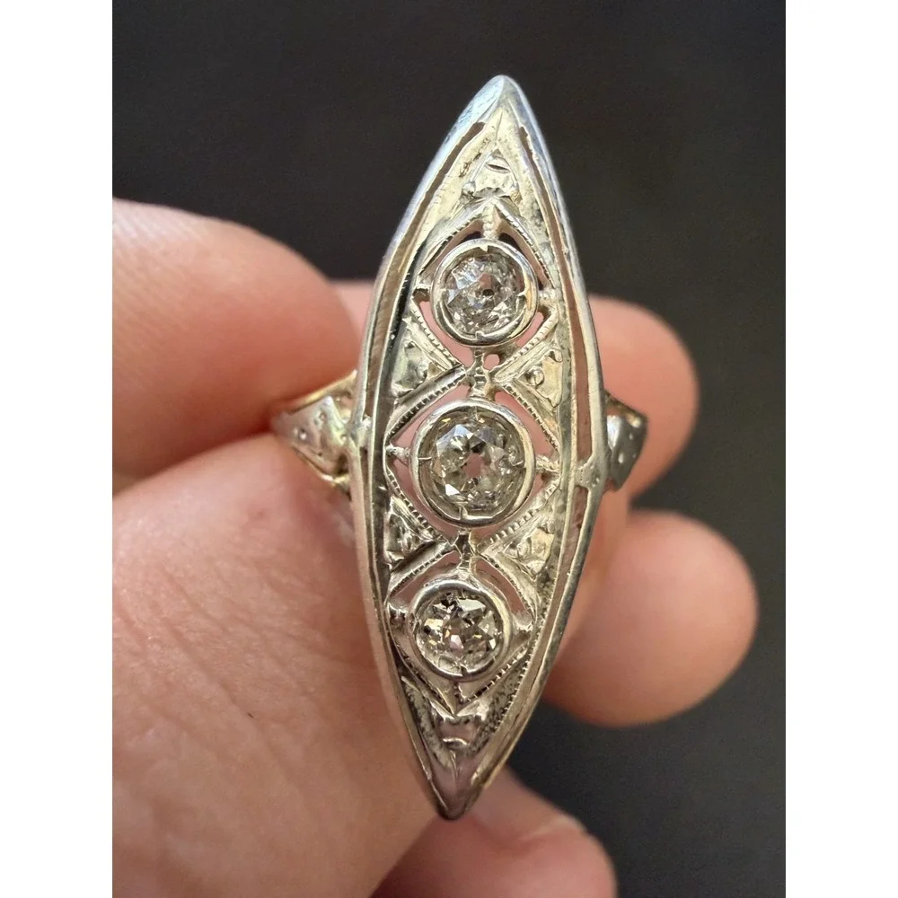 Antique Edwardian 12k Solid Gold Natural Old European Cut Ring Filigree Navette - Picture 10 of 10